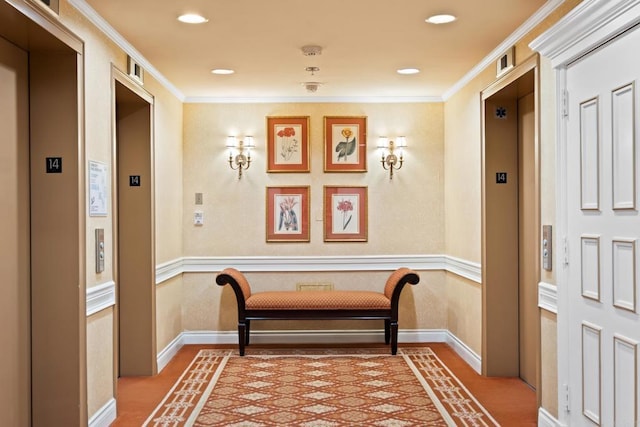 corridor with baseboards, elevator, recessed lighting, and crown molding