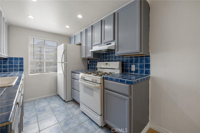 5055 Coldwater Canyon Ave Unit 105, Sherman Oaks, CA 91423 - kitchen with white appliances, under cabinet range hood, tile counters, gray cabinets, and recessed lighting