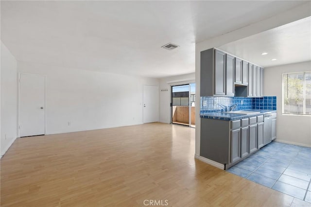 5055 Coldwater Canyon Ave Unit 105, Sherman Oaks, CA 91423 - kitchen featuring gray cabinets, decorative backsplash, light wood finished floors, and open floor plan