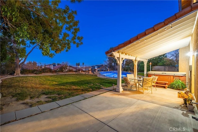 view of patio / terrace featuring a pergola, a fenced backyard, a hot tub, and a fenced in pool