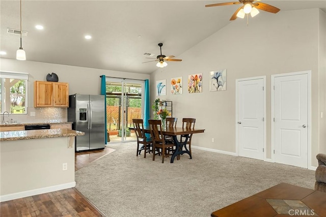 dining space with visible vents, ceiling fan, and recessed lighting