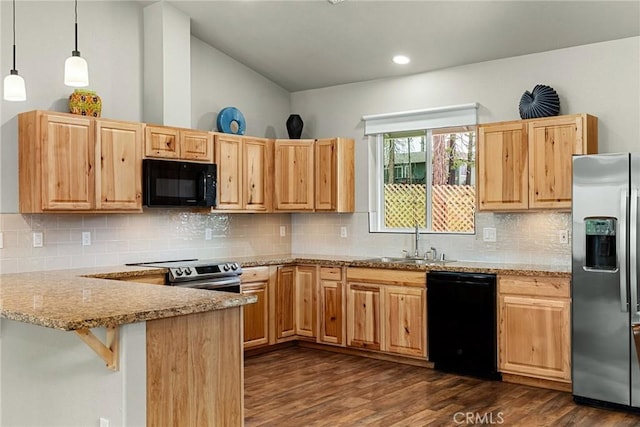 kitchen featuring a peninsula, light brown cabinetry, black appliances, dark wood-style flooring, and decorative backsplash