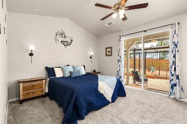 carpeted bedroom with visible vents, baseboards, ceiling fan, access to outside, and lofted ceiling