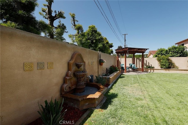 view of yard with a fenced backyard, a patio, and a pergola
