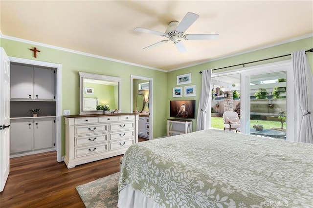 bedroom with dark wood-style flooring, baseboards, crown molding, a ceiling fan, and access to exterior