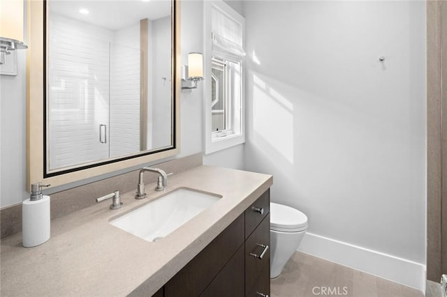 full bathroom with recessed lighting, vanity, a stall shower, and toilet