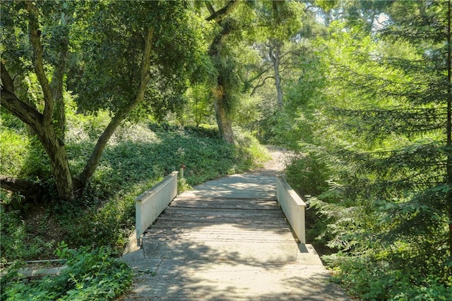 view of property's community featuring a wooded view