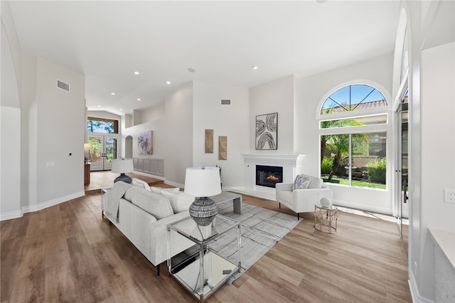 38027 Cherrywood Dr, Murrieta, CA 92562 - living room featuring plenty of natural light, a glass covered fireplace, a towering ceiling, wood finished floors, and recessed lighting