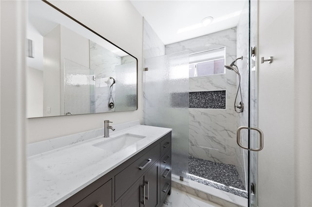 38027 Cherrywood Dr, Murrieta, CA 92562 - full bathroom featuring marble finish floors, a marble finish shower, and vanity