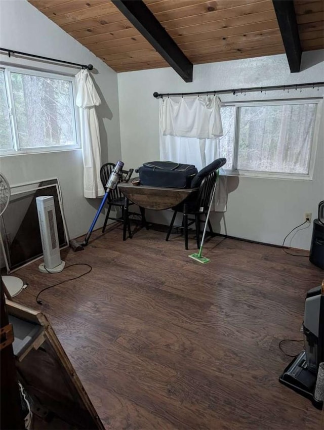 office area with wood ceiling, lofted ceiling with beams, and wood finished floors