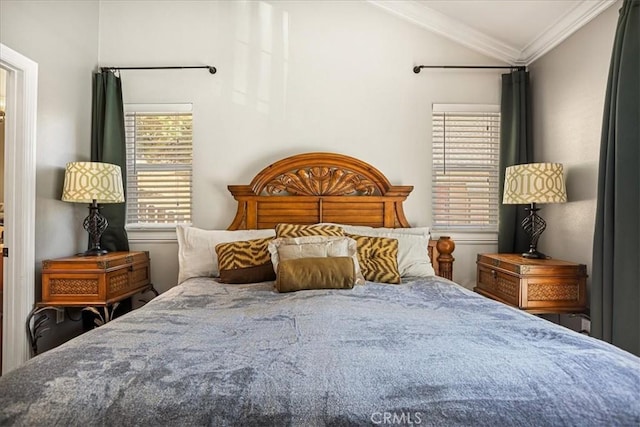30964 Summit Dr, Running Springs, CA 92382 - bedroom with ornamental molding and lofted ceiling
