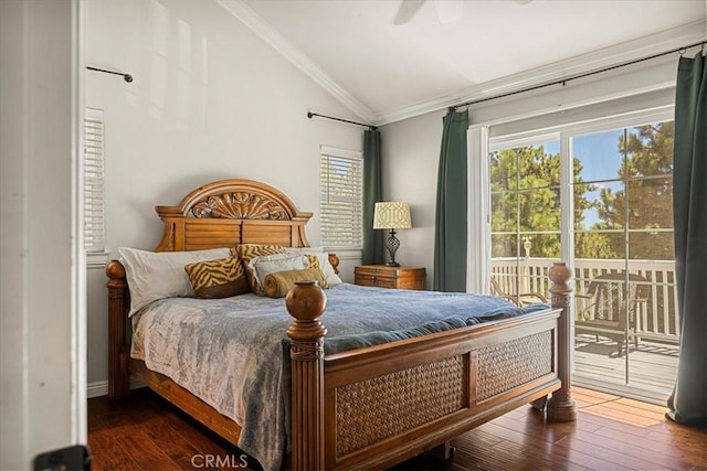 30964 Summit Dr, Running Springs, CA 92382 - bedroom featuring access to outside, crown molding, a ceiling fan, lofted ceiling, and wood finished floors