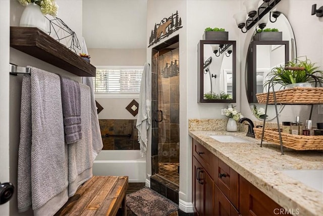 30964 Summit Dr, Running Springs, CA 92382 - bathroom with double vanity, a tile shower, and a sink