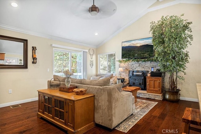 30964 Summit Dr, Running Springs, CA 92382 - living area featuring baseboards, a wood stove, a ceiling fan, dark wood finished floors, and vaulted ceiling