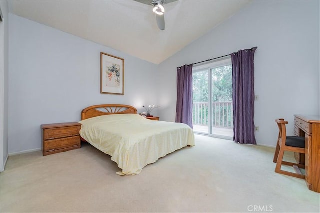 bedroom featuring access to outside, ceiling fan, vaulted ceiling, and light carpet