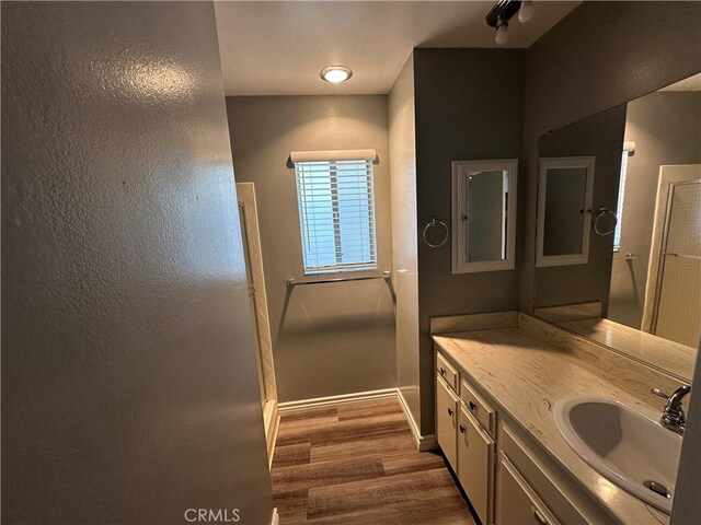bathroom with vanity, baseboards, and wood finished floors
