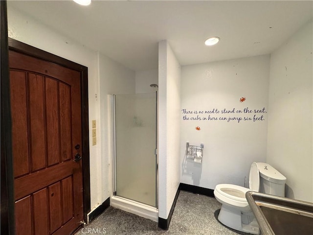 24250 Pacific Heights Dr, Westport, CA 95488 - bathroom featuring a shower stall, recessed lighting, baseboards, and toilet