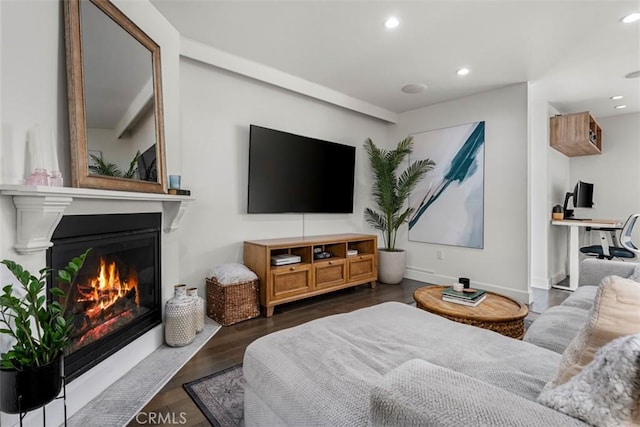5545 Whitsett Ave Unit 1, Valley Village, CA 91607 - living room with wood finished floors, a glass covered fireplace, and recessed lighting