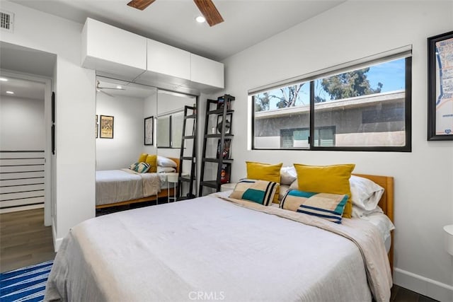 5545 Whitsett Ave Unit 1, Valley Village, CA 91607 - bedroom with ceiling fan, visible vents, recessed lighting, wood finished floors, and baseboards