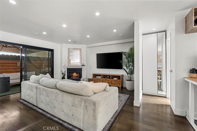 5545 Whitsett Ave Unit 1, Valley Village, CA 91607 - living area with a lit fireplace, baseboards, dark wood finished floors, and recessed lighting