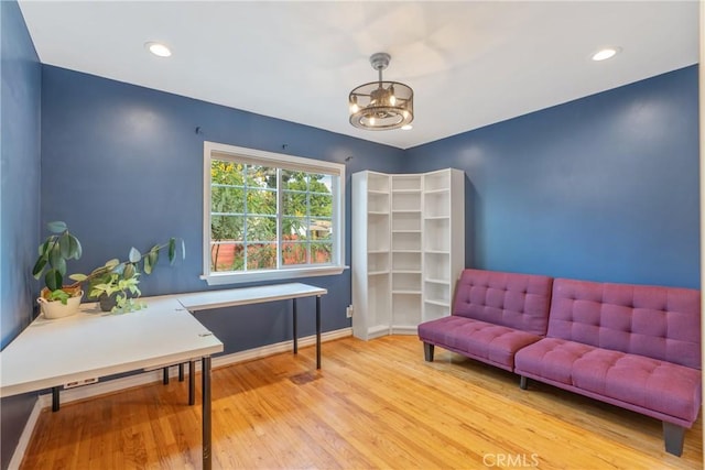 14844 Lull St, Van Nuys, CA 91405 - home office featuring wood finished floors, a chandelier, and recessed lighting