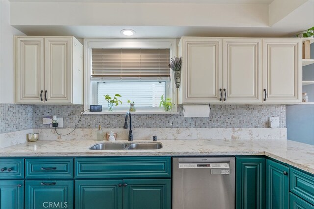 14844 Lull St, Van Nuys, CA 91405 - kitchen with tasteful backsplash, open shelves, a sink, light stone countertops, and stainless steel dishwasher