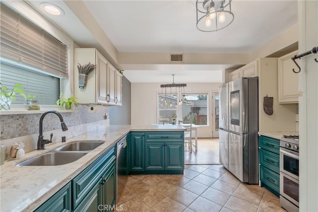 14844 Lull St, Van Nuys, CA 91405 - kitchen featuring visible vents, a sink, a chandelier, a peninsula, and stainless steel appliances