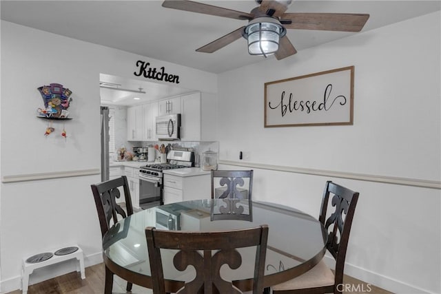 9876 Arrow Unit 1, Rancho Cucamonga, CA 91730 - dining space featuring ceiling fan, baseboards, and light wood-type flooring