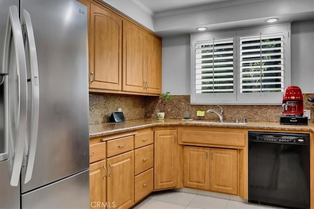 kitchen with stainless steel fridge with ice dispenser, dishwasher, a sink, ornamental molding, and backsplash