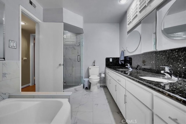 full bathroom featuring a sink, visible vents, toilet, and marble finish floor