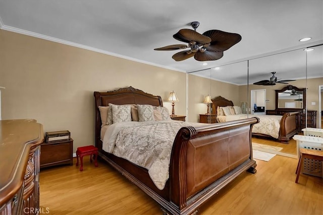 bedroom featuring ornamental molding, recessed lighting, and light wood-style floors