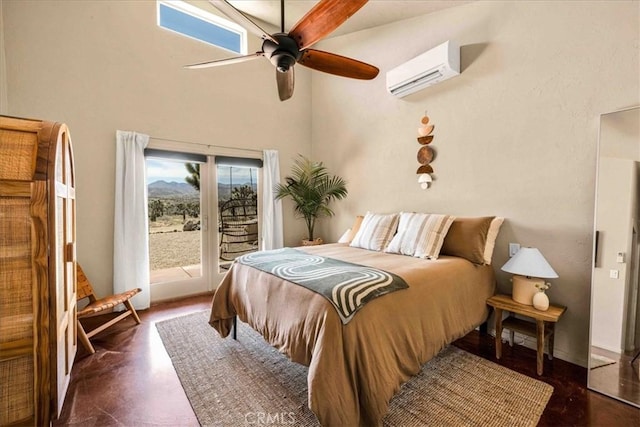 53105 Chia Trl, Pioneertown, CA 92268 - bedroom featuring a high ceiling, access to exterior, a wall unit AC, and a ceiling fan