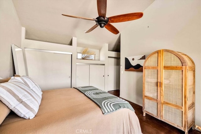 53105 Chia Trl, Pioneertown, CA 92268 - bedroom featuring ceiling fan and vaulted ceiling