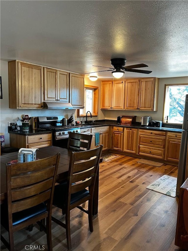 kitchen with dark countertops, a textured ceiling, light wood-type flooring, and stainless steel appliances