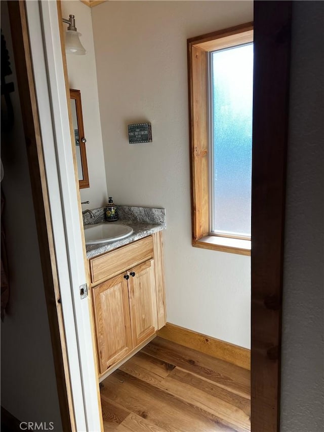 bathroom with baseboards, vanity, and wood finished floors