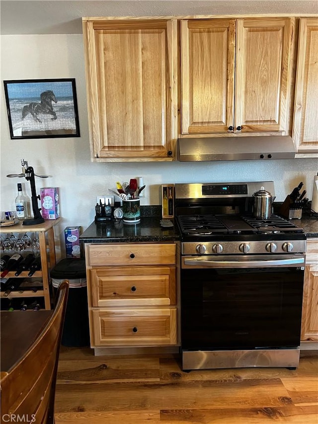kitchen with gas range, light wood-style floors, and under cabinet range hood