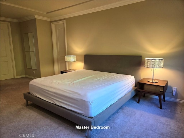 carpeted bedroom with crown molding and baseboards