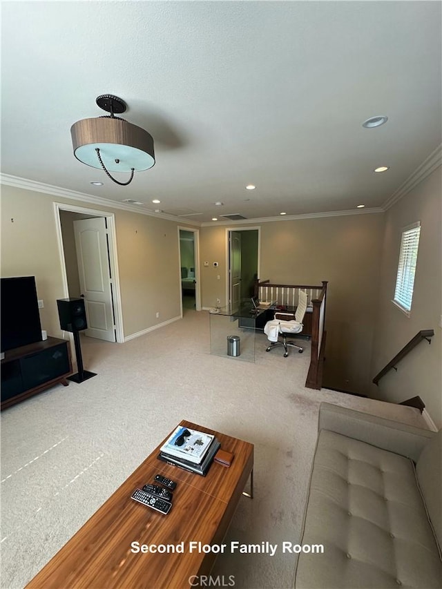 living area with ornamental molding, recessed lighting, carpet, and baseboards