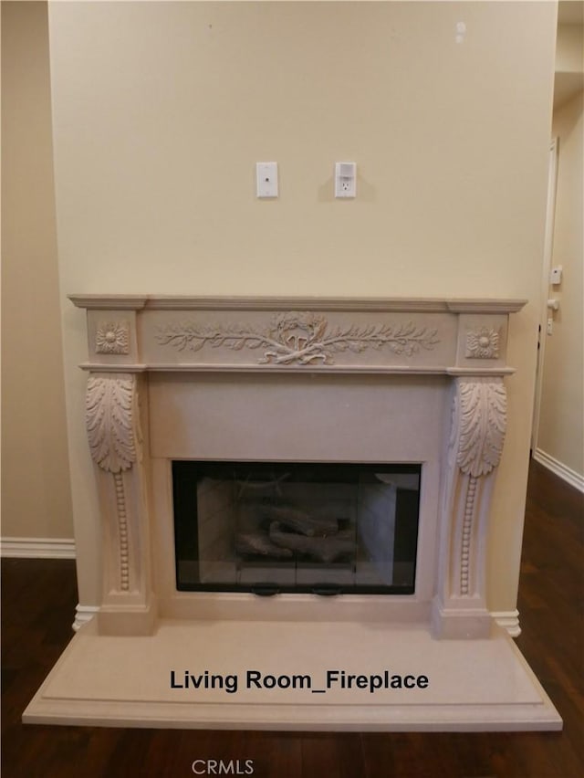 interior details featuring baseboards, wood finished floors, and a glass covered fireplace