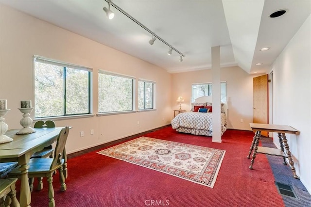 carpeted bedroom featuring baseboards, rail lighting, visible vents, and recessed lighting