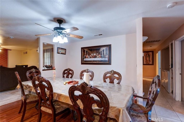6555 Eden Ave, Winton, CA 95388 - dining space with ceiling fan, visible vents, and light tile patterned floors