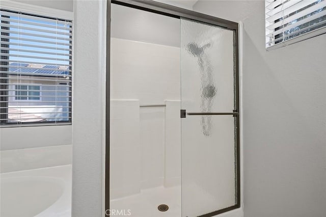 41564 Big Sage Ct, Temecula, CA 92591 - bathroom featuring a stall shower, healthy amount of natural light, and a textured wall