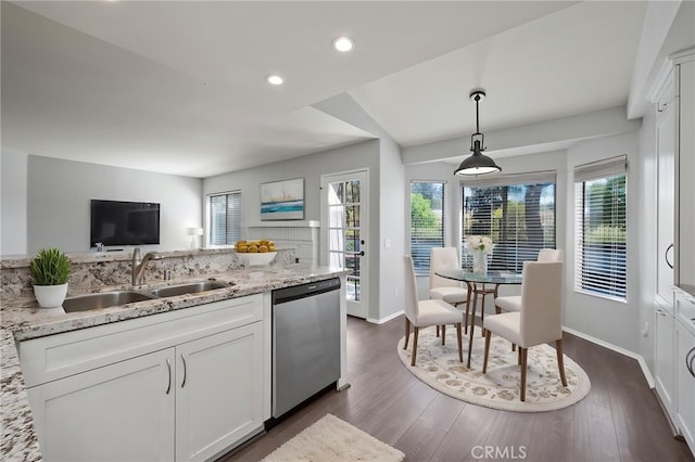 41564 Big Sage Ct, Temecula, CA 92591 - kitchen featuring stainless steel dishwasher, plenty of natural light, a sink, white cabinets, and recessed lighting