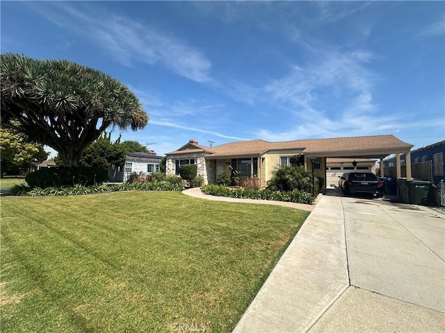 ranch-style home with an attached garage, driveway, and a front yard