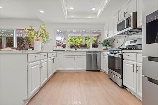 49 W Yale Loop Unit 26, Irvine, CA 92604 - kitchen featuring stainless steel appliances, light wood-style floors, a tray ceiling, recessed lighting, and white cabinetry