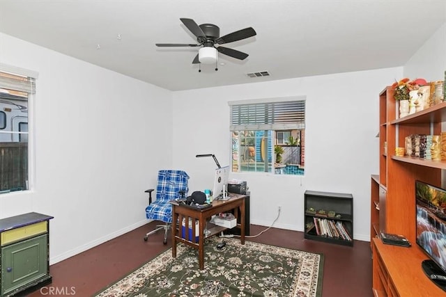 home office with visible vents, baseboards, and a ceiling fan