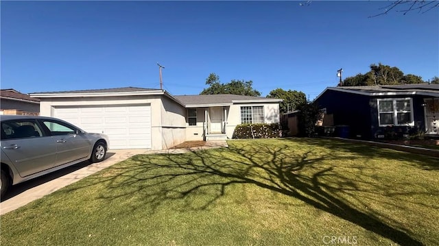 ranch-style home with a garage, a front lawn, and stucco siding