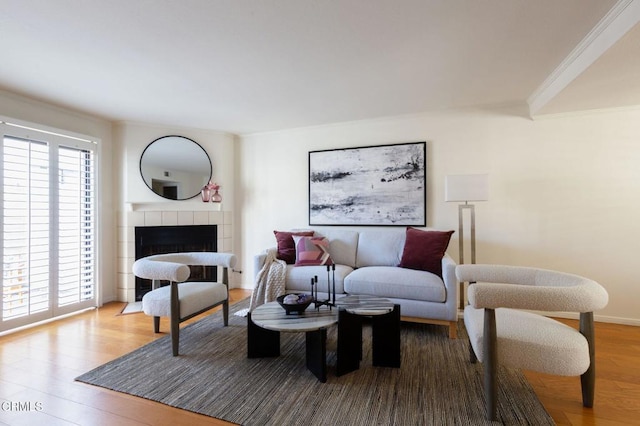 living area featuring crown molding, wood finished floors, and a fireplace