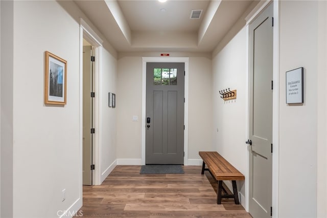 interior space with baseboards, visible vents, a raised ceiling, and light wood-type flooring