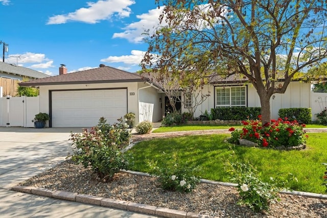 ranch-style home featuring a front lawn, fence, stucco siding, concrete driveway, and an attached garage
